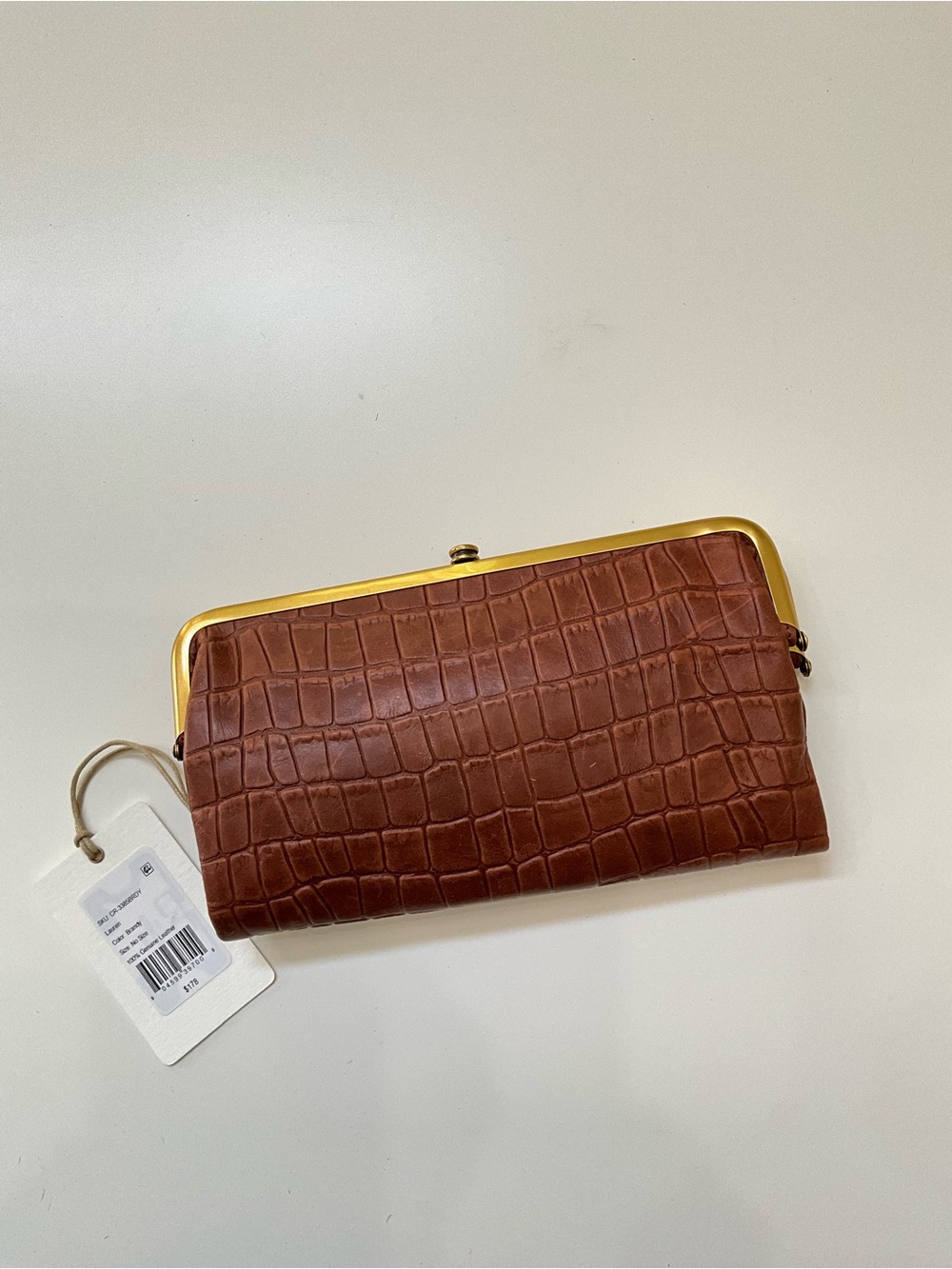 HOBO Lauren Brown Croc Embossed Leather Kiss Lock Frame Clutch Wallet NWT - Picture 2 of 12